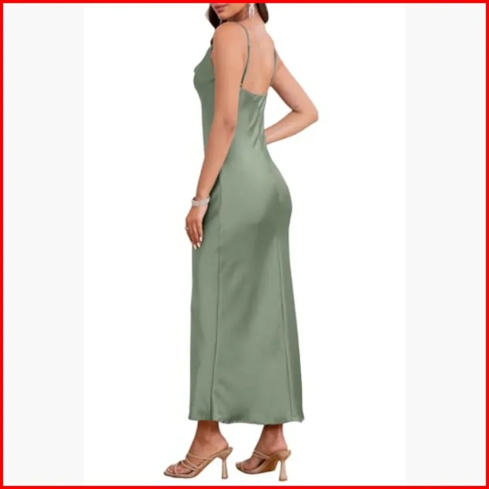 Satin Midi Dress Spaghetti Strap Cowl Neck Backless Formal Cocktail - Picture 2 of 7